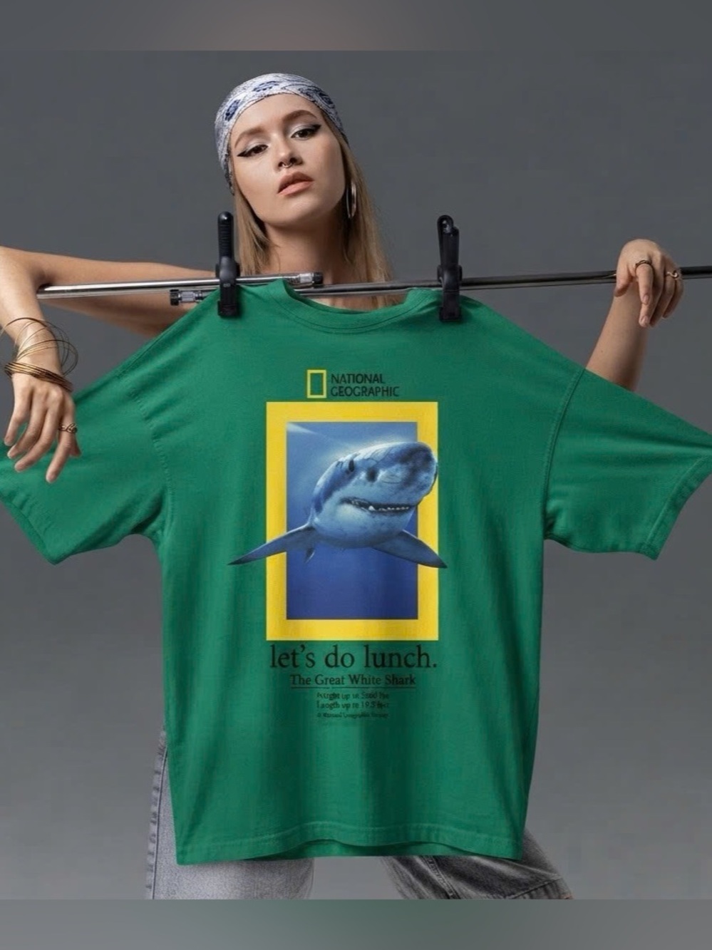 National Geographic Great White Shark "Let's Do Lunch" Green Graphic Tee